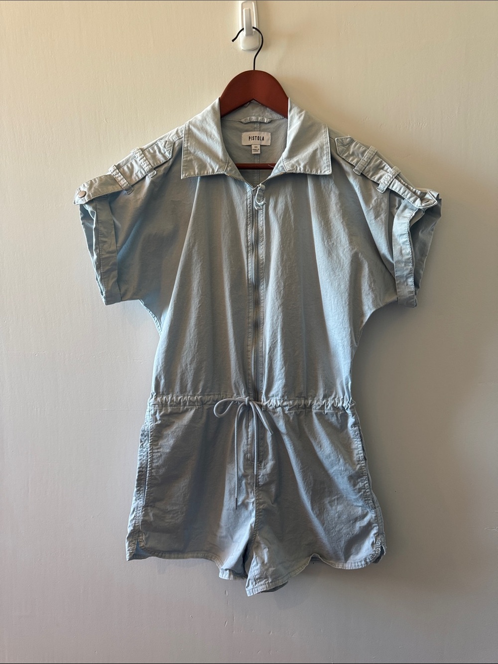 pistola Meg Sky Blue Short Sleeve Drawstring Romper